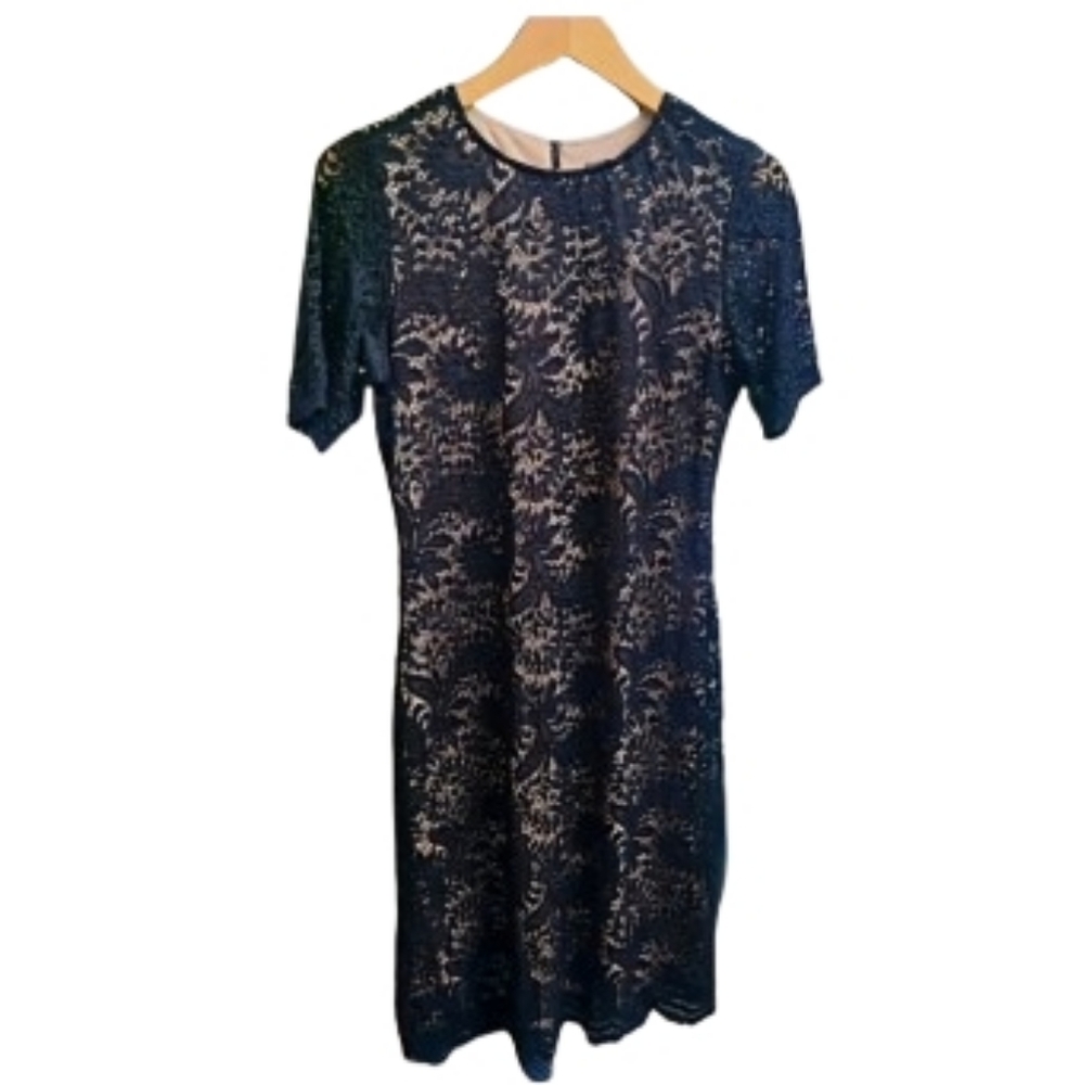 Sharagano Black Eyelet Lace & Tan Short Sleeve Dress Sz 8 ♥️